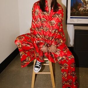 Dressed in Lala Red Satin Tiger Two Piece Playsuit